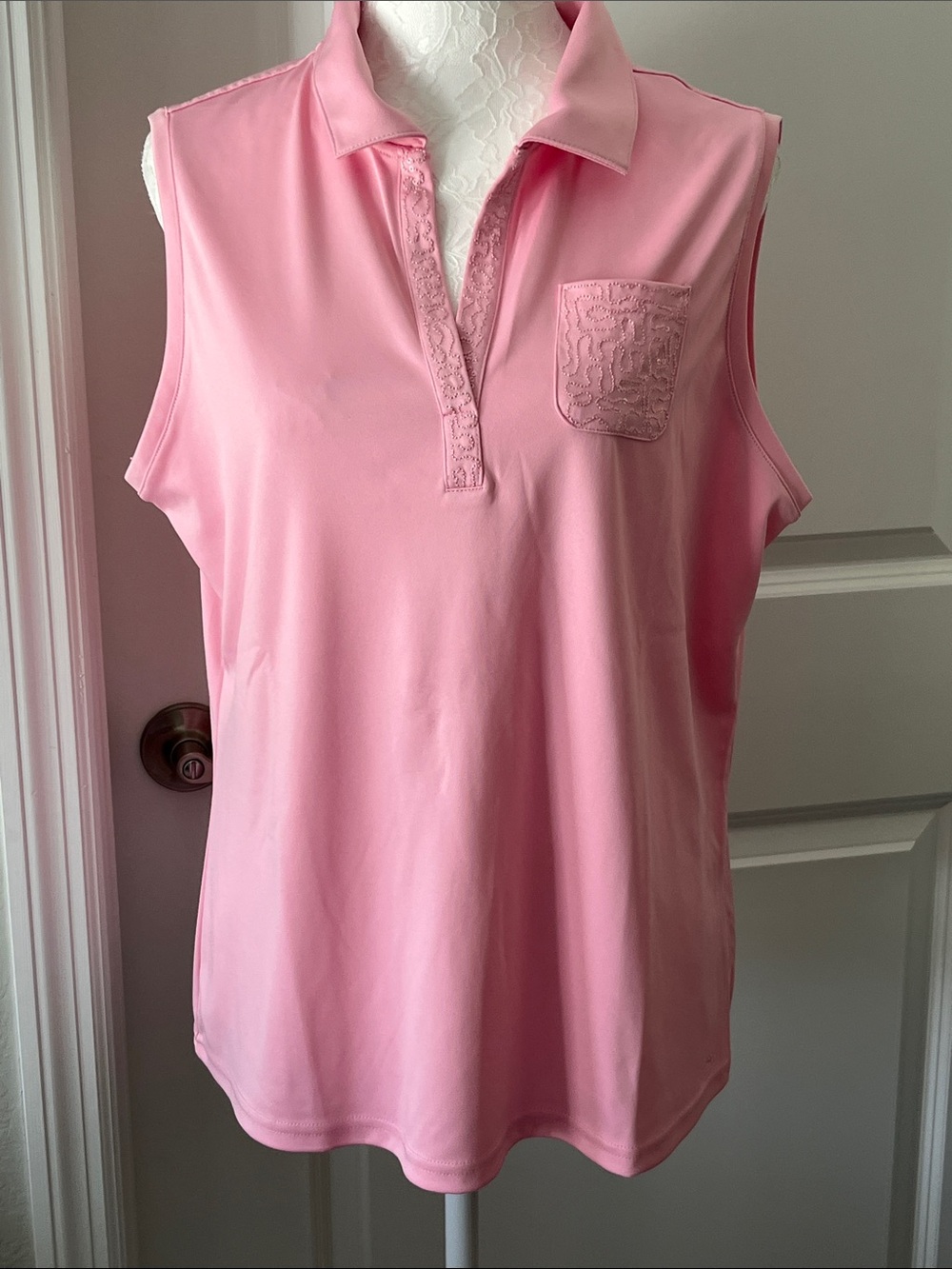 Izod Pink Sequined Lacey-Trim & Pocket Sleeveless Polo Tank Top NWOT XL